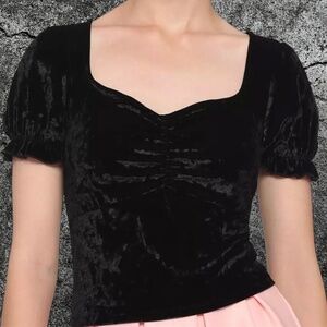 Hot Topic Crushed Black Velvet Puff Sleeve Crop Top - Size Large